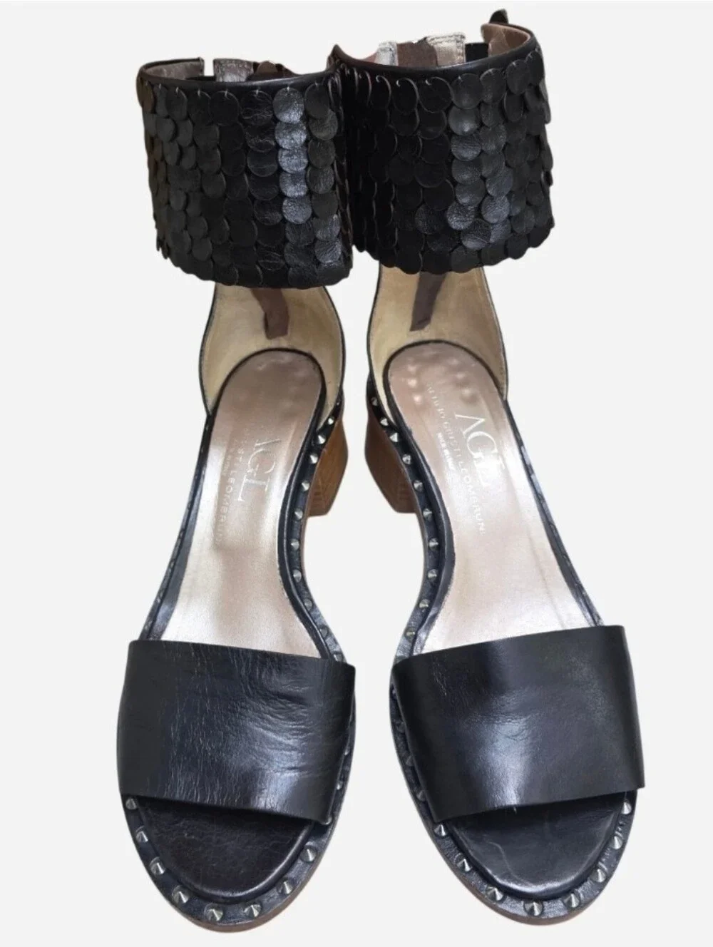 AGL Italian Black Leather Studded Block Heel Sandals, Scalloped Ankle Cuff 39/9